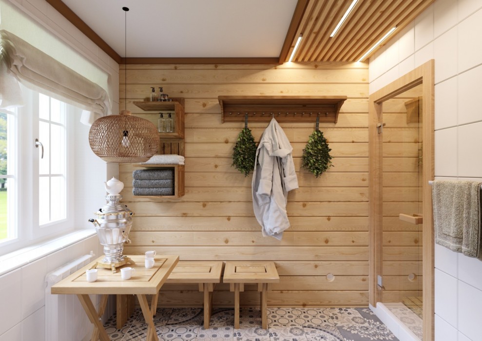 Баня / сауна / парная . Стиль Интерьер деревянного дома из бруса