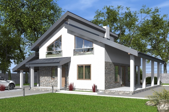 Rg6466 - Одноэтажный дом с мансардой, кухней-гостиной, кабинетом и террасой